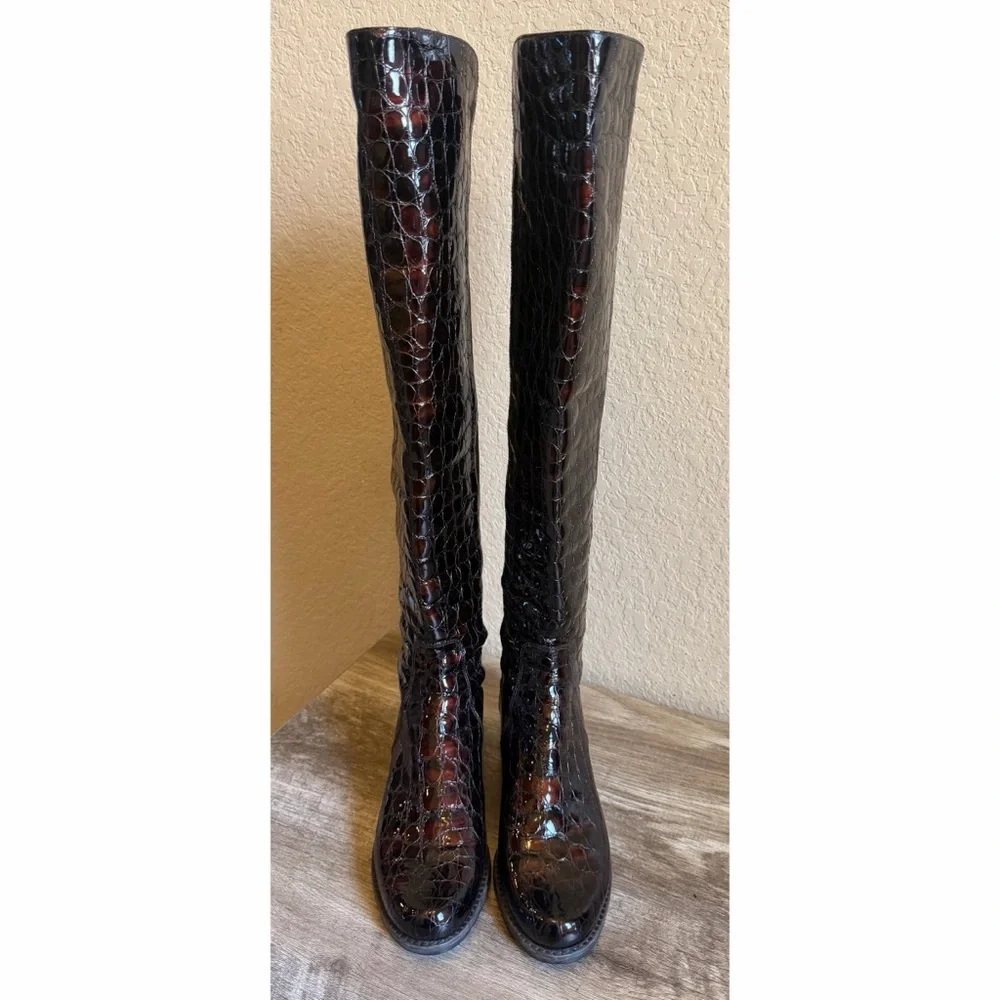 Stuart Weitzman Reserve Over The Knee Boots Croc Embossed Patented Leather